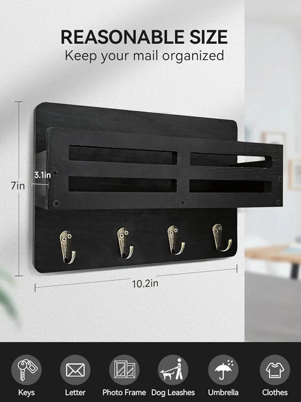 Wall-Mounted Mail & Key Organizer Rack in Black